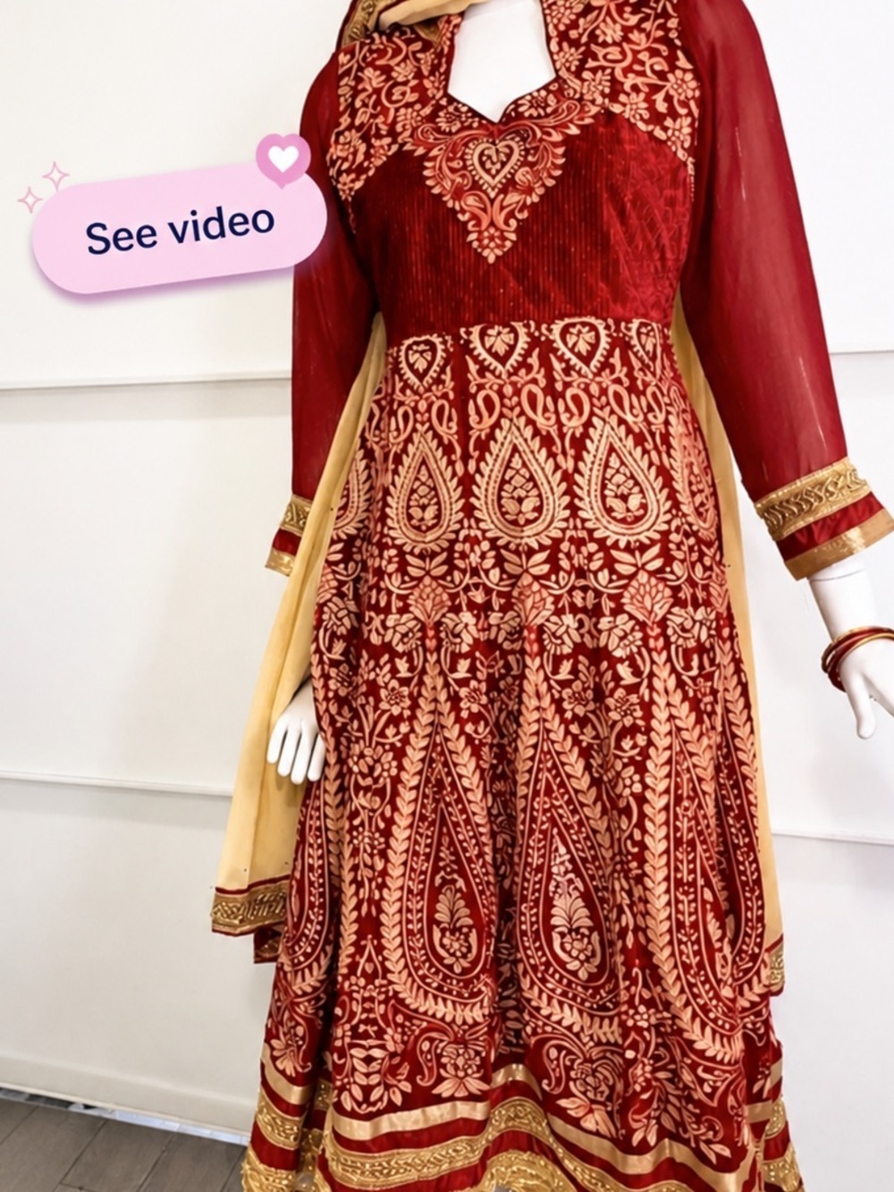 💎 DESIGNER Luxury Anarkali Suit Red Velvet Gold 3Piece Formal Eid Wedding Medium